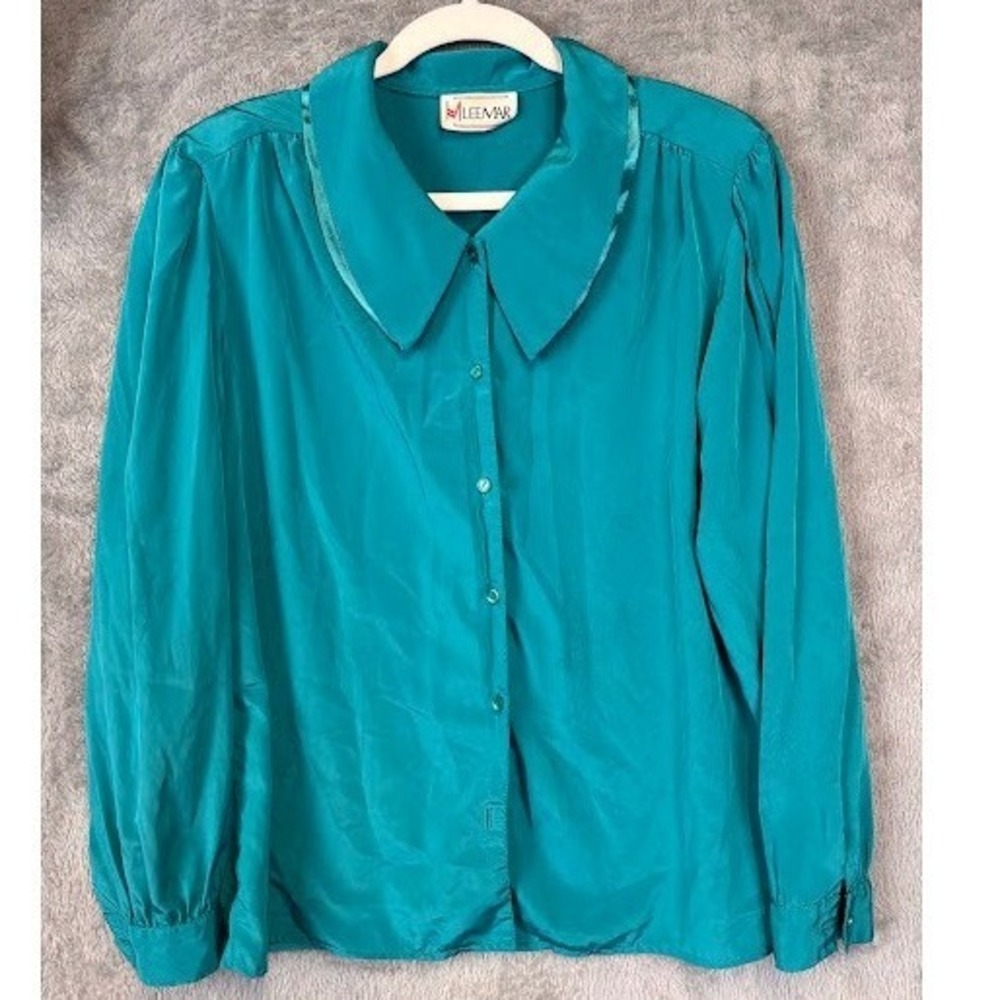 Vintage Leemar Teal Green Dagger Collar Blouse Long Sleeve Button Up Size 12 USA